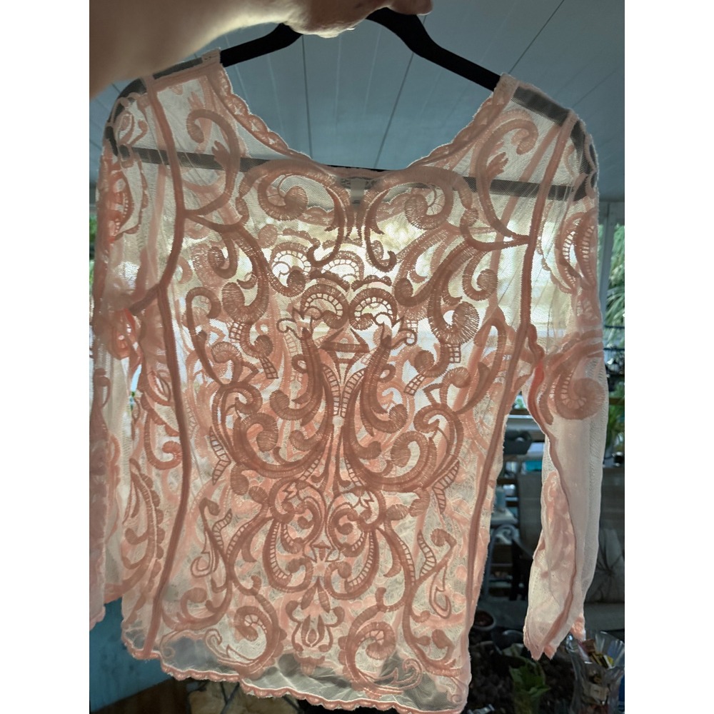 Express Womens Pink Sheer Mesh Embroidered Lace Scoop Neck 3/4 Sleeve Top Small